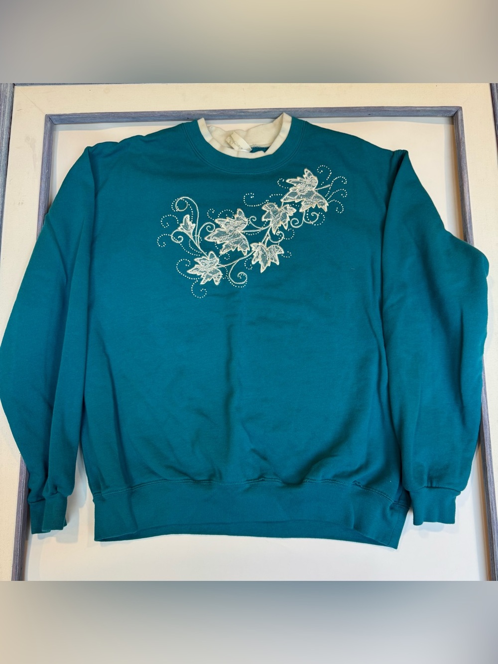 Decorated Originals Blue Sweatshirt with White Collar, Painted Flowers